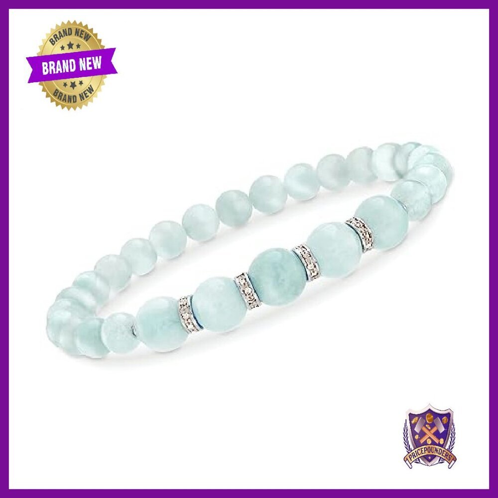 Sterling Silver Diamond Aquamarine Stretch Bracelet 8 Inch - Picture 2 of 6